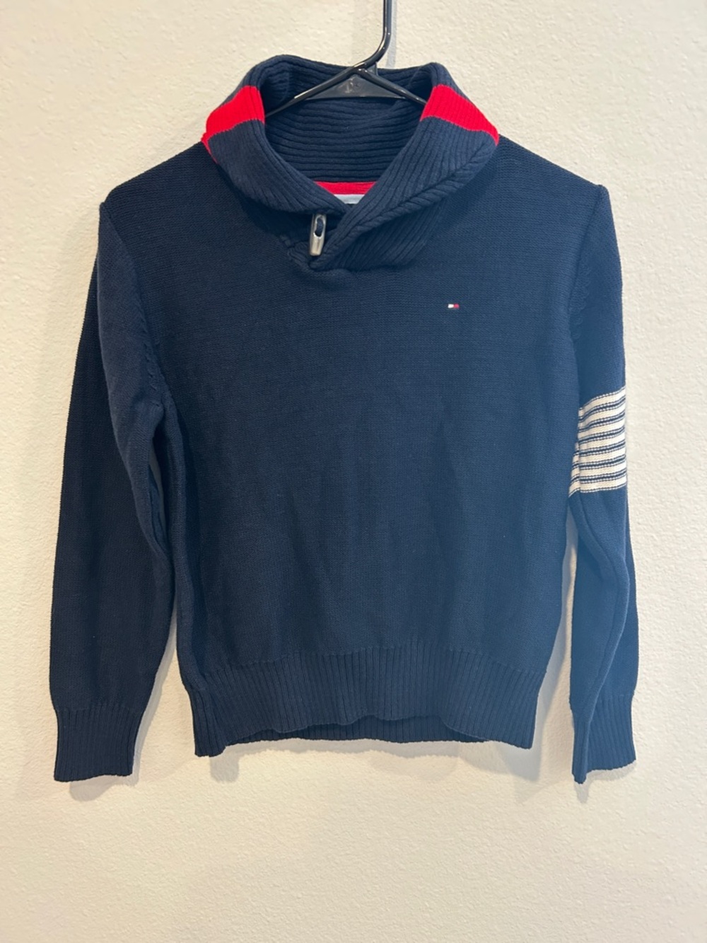 Tommy Hilfiger Navy Pullover Sweater with Red Collar Accent